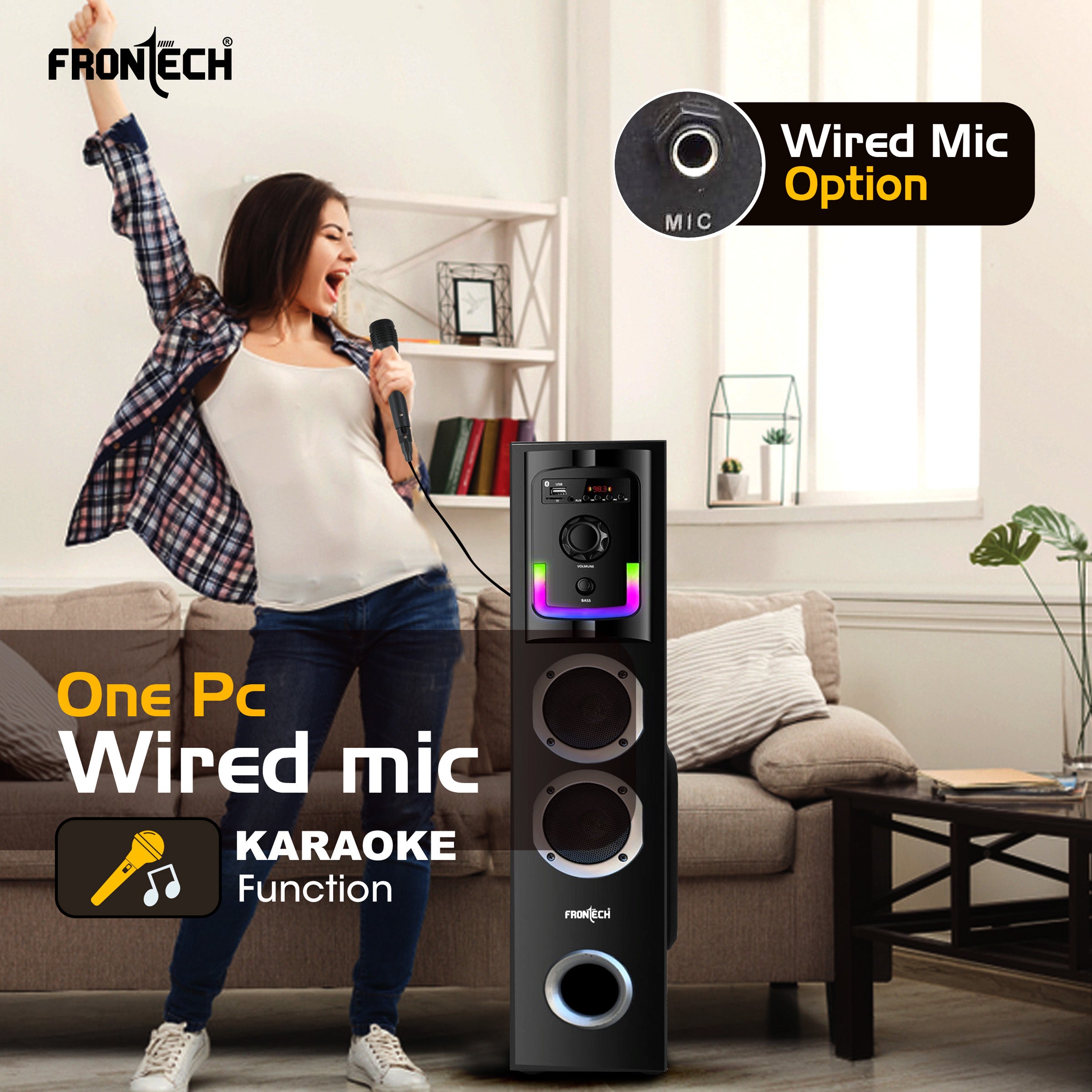 Frontech CRUX-167 60W Bluetooth Tower Speaker|1.0 Tower design | Wired Mic | RGB Lighting | Remote Control | Built-in FM Radio| BT Connectivity | USB | Karaoke, TV, PC & Smartphone Compatible (SW-0167) Frontech CRUX-167 60W Bluetooth Tower Speaker|1.0 Tower design | Wired Mic | RGB Lighting | Remote Control | Built-in FM Radio| BT Connectivity | USB | Karaoke, TV, PC & Smartphone Compatible (SW-0167)
